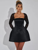 Vestido Mini Feminino com Brilho e Manga Longa - Sexy Costas Abertas Amarrão Cintura Alta Clube Festa
