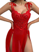 Vestido Longo Feminino Vermelho Floral com Renda Transparente e Alças - Sexy Decote V Profundo Costas Abertas Sem Manga