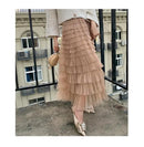 Elegant Multi-Layered Tulle Skirt Long Dress Women's Autumn Winter High Waist Cake Skirt Style Slimming Elegant Midi Skirt