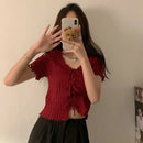 Camiseta Cropped Feminina de Malha com Decote V - Casual Versátil Manga Curta Bandagem Canelada Verão