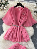 Women Summer Skirt Sets New Fashionable Three-dimensional Flower Short Sleeved Chiffon Top Pleated Skirt Two-piece Set C111