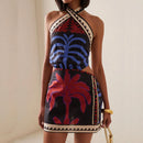 Vestido Mini Feminino Boho com Estampa e Halter - Vazado Ombro Frio Costas Abertas Amarrão