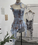 Women's Vintage Tie-dye Printed Mesh Spaghetti Strap Camisole Hot Girl Irregular Ruffled Ribbon Sleeveless Top Partyclub 1185