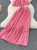 Women Summer Skirt Sets New Fashionable Three-dimensional Flower Short Sleeved Chiffon Top Pleated Skirt Two-piece Set C111