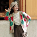Cardigan Tricô Xadrez Feminino Estilo Coreano - Decote V Outono Inverno 2025