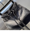 Oversize Retro Diamond Denim Mini Skirt for Women Summer High Waist Shiny Rivet Slim Skirts Gradient Black Grey Jean Skirts