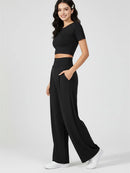 Casual High Waist Wide Leg Pants Women Summer Black Fitness Running Yoga Sport Trousers Straight Jogger Leggings