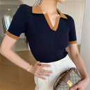 Top Tricô Feminino Manga Curta Decote V - Slim Elegante Casual Verão 2025