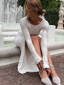 Vestido Longo Feminino com Estampa de Conchas e Manga Flare - Sexy Costas Abertas Renda Cor Sólida Gola Redonda