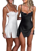 Vestido Mini Feminino Vintage com Alças e Renda - Sexy Sem Manga Costas Abertas Amarrão Cor Sólida Verão