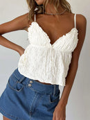 Regata Cropped Feminina com Babados e Decote V - Sem Manga Casual Streetwear Clubwear Verão Anos 2000