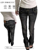 Women's Skinny Denim Pants Kpop Designer 2000s Abi Bell Bottom Low Rise Jeans Abi Long Trousers Japanese Y2k Grunge High Street