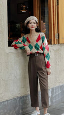 Cardigan Tricô Xadrez Feminino Estilo Coreano - Decote V Outono Inverno 2025