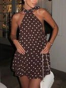 Vestido Mini Feminino com Estampa de Bolinhas e Amarração - Sexy Sem Manga Slim Patchwork Costas Abertas