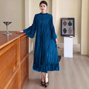 Miyake Pleated Dress Women's 2025 New High-end Solid Color Round Neck Bell Sleeves Ruffled Waist Design Elegant Pleated Skirt