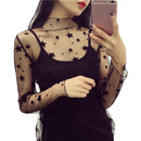 Elegant Lace T-shirt For Women Mesh Long Sleeve Tops See Through Top Transparent Sheer Blouse  High Neck Bottoming Shirts