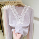 Fashion Women Chic V-Neck Lace Knitted  Cardigan Elegant Shirt Tops