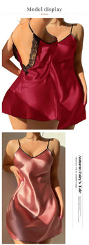 Camisola Feminina Sexy de Cetim com Renda e Alças - Lingerie Costas Abertas Loungewear Noite