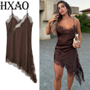 Vestido Feminino Elegante de Cetim com Renda Assimétrica - Sexy Festa Noite