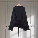 Lace Patchwork Women Blouse Long Sleeve O-neck Solid Belt Female Casual Tops Asymmetric Hem Elegant Office Ladies Streetwear