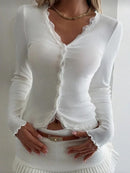 Casual Knitwear Lace V-Neck Cardigan Women Slim Solid Long Sleeves Commuting Cropped New Outwear Women's Knit Cardigan Top