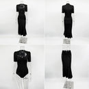 Ticketsx Sexy Lace Dress Set Women Fashion V-Neck See-Through Patchwork Pleated Slim Skirts Set Elegant Party Evening Dress Set