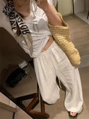 Elegant White Wide Leg Pants Women Fashion Streetwear Linen Black Baggy Pants Summer Korean High Waist Casual Straight Trousers