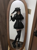 Women‘s Lolita Set Dark Femme Mesh Top & Waist Cinching Skirt, 2025 Autumn Japanese Street Style Coord for Gothic Baddie Fashion