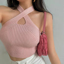 Top Cropped Feminino Halter de Tricô com Alças Cruzadas - Sexy Ombro a Ombro Regata Verão 2023