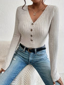 Women's V-neck Button Bodysuit  2024 New Autumn Winter Long Sleeve Ribbed Knitted Skinny Body Suit Top for Women Outfits
