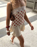 Vestido Mini Feminino Vermelho com Poa e Alças de Cetim - Sexy Sem Manga Costas Abertas Slim Praia Clube