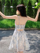 Vestido Mini Feminino Floral com Costas Abertas e Alças - Sexy Romântico Sem Manga Férias Verão