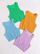 4Pcs Women Rib Knit Crop Tank Top Casual Sleeveless Crew Neck Slim Fit Basic Camisole Streetwear Summer Daily Workout Yoga Tops