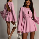 Vestido Feminino Elegante Linha A com Costas Abertas e Amarrão - Cor Sólida Cintura Marcada Estilo Executivo