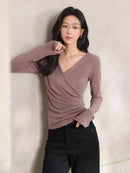 Elegant Ruched Cross V Neck Knit Top Slim Fit Long Sleeve Shirt for Women Chic Casual Early Spring Daily Base Layer Style Lady