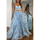 Women Boho 2 Piece Floral Chiffon Maxi Dress Sexy Summer Lace Corset Top & Tiered Flowy Tulle Skirt Set for Prom Wedding Party