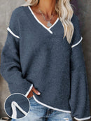 New Women's V-Neck Knit Sweater White Trim Plus Size Casual Fashion Pullover Bohemian Top for Fall Winter Chic y2k clothing