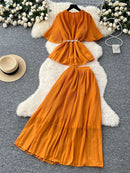 Women Summer Skirt Sets New Fashionable Three-dimensional Flower Short Sleeved Chiffon Top Pleated Skirt Two-piece Set C111