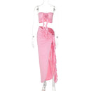 Two Piece Skirt Set for Women Sexy 3D Flower Tube Top High Split Long Maxi Skirt Womens Vacation Outfits