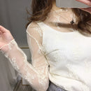 Women Lace Bottomed Blouse T-shirt Spring And Autumn Long Sleeve Mesh Crop Top Foreign Style Sexy Hollow Mesh Top High Neck 2024