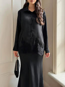 Women Two Piece Sets Skirt Set Turn Down Collar Lace Sexy Full Sleeve Tops Long Skirts High Waist Y2k Streetwear Elegant Work