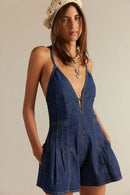 Macacão Jeans Feminino Curto com Cintura Alta e Bolsos - Casual Confortável