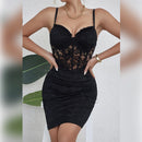 Vestido Bodycon Preto com Renda Floral e Mesh See-Through - Y2K Festa