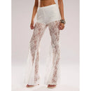 Womens Elegant Sheer Floral Lace See-through Long Pants Elastic High Waist Trendy Wide Leg Flared Trousers Streetwear