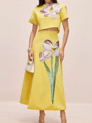 Bonboho Women's Matching Set Floral Printed Short Sleeve Cropped Top & Flared Midi Skirt 2026 Summer Casual Skirt Sets