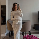 Vestido Longo Feminino com Estampa de Conchas e Manga Flare - Sexy Costas Abertas Renda Cor Sólida Gola Redonda