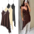 Vestido Curto Feminino de Cetim com Renda Assimétrica e Alças Finas - Sexy Festa 2026
