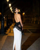 Vestido Longo Feminino com Renda Contrastante e Halter - Sexy Costas Abertas Festa