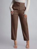Women's Brown High Waist Suit Pants D-buckle Decor Ankle Length Straight Leg Pants Office Elegant Casual Spring Summer Trousers