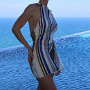 Vestido Curto Feminino Vintage com Listras e Halter - Sem Manga Costas Abertas Amarrão Casual Férias Verão 2025